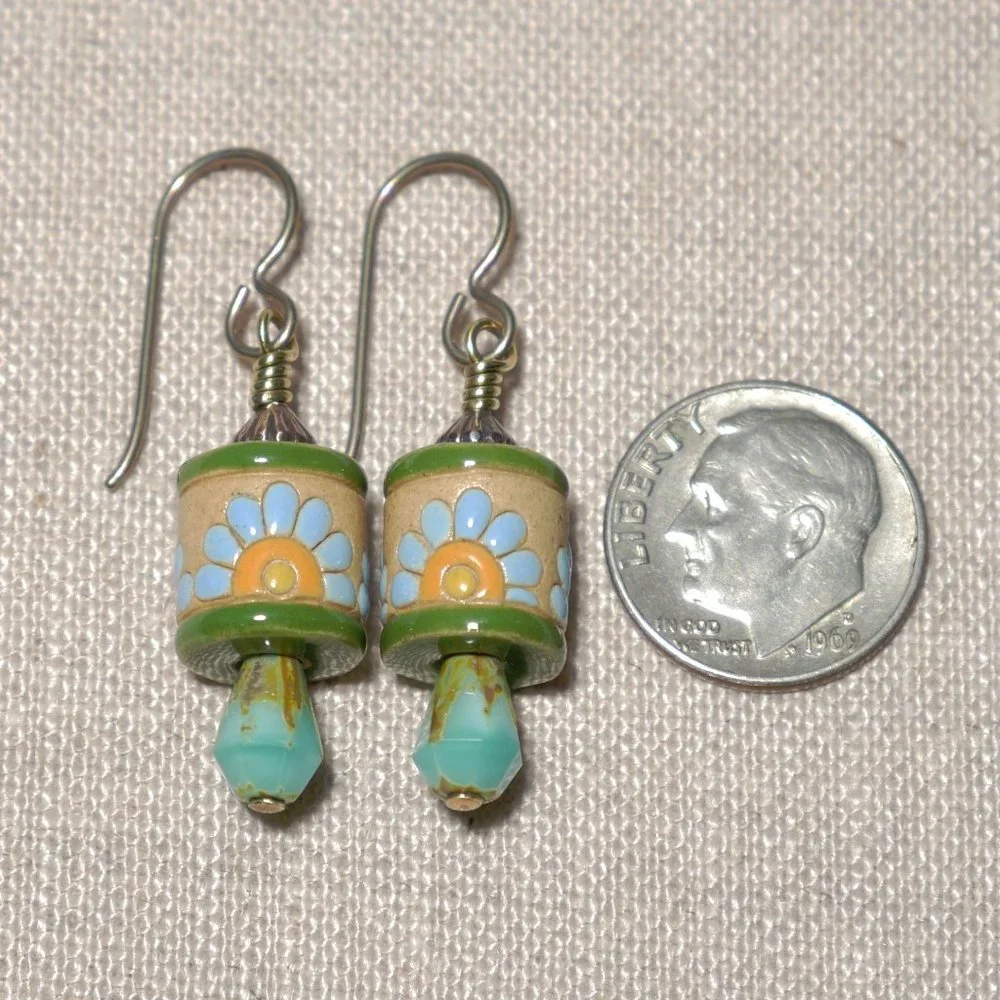 Hand Crafted Handmade Earrings Floral Ceramic & Czech Glass Bead Earrings - Picture 3 of 4